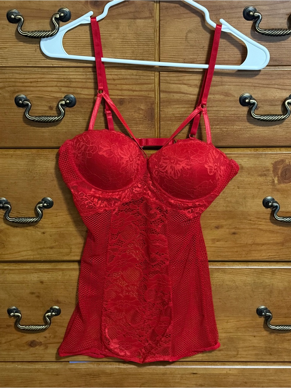 Red Lace Bustier Chemise with Strappy Detail - Women's Intimate Sleepwear